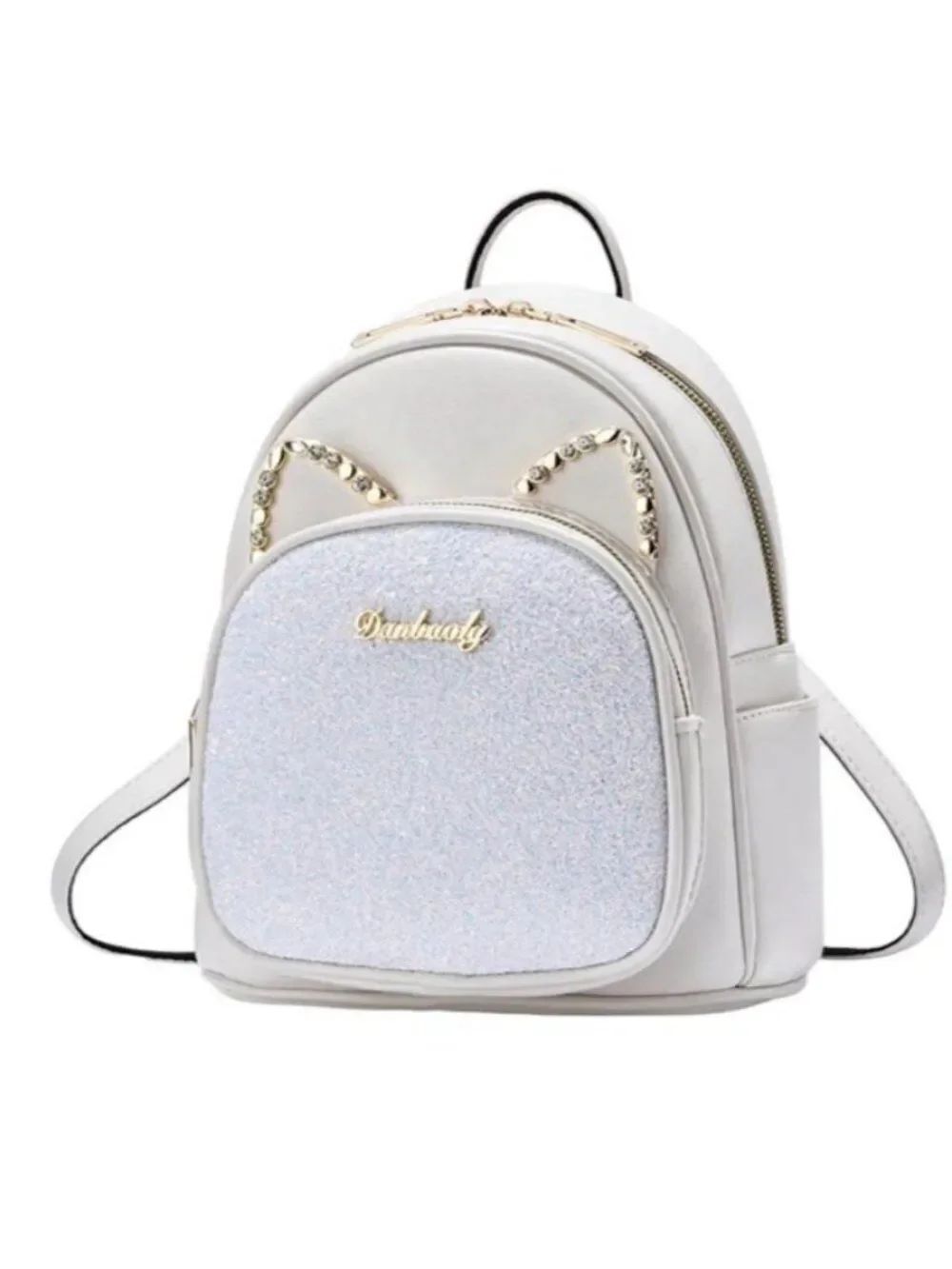 Mini Girls Backpack White Faux Leather Cat Sequin Ears Zip Shoulder Straps New